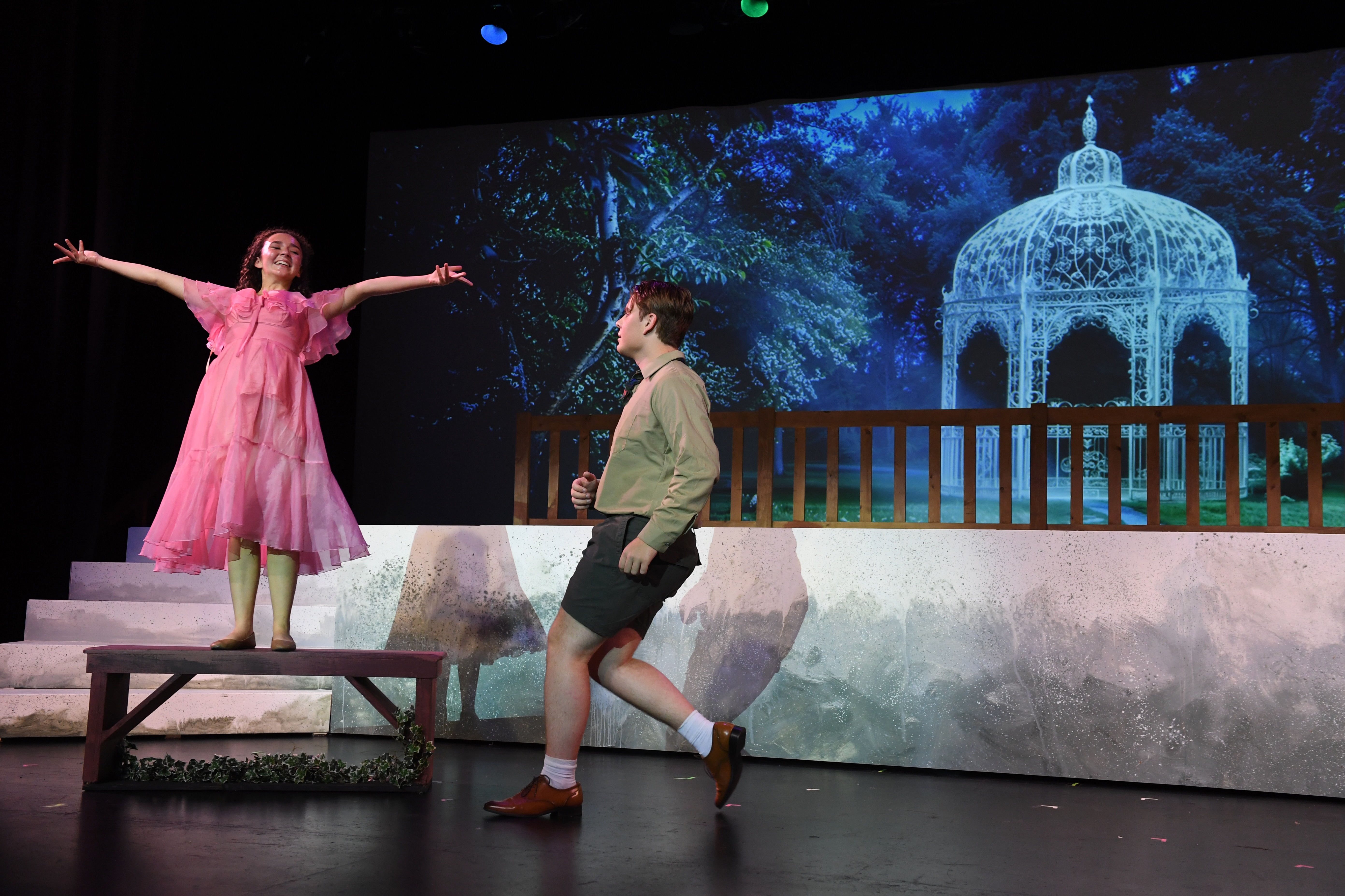 Liesl stands on a bench with her arms out. Rolf runs to her